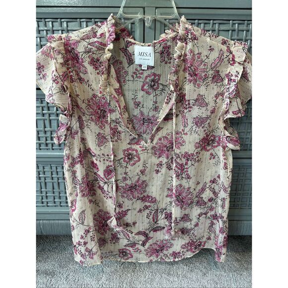 NWOT MISA Basia Siena Pink Paisley Floral Chiffon Flutter Sleeve Top, XS $210 B1 - Picture 2 of 10